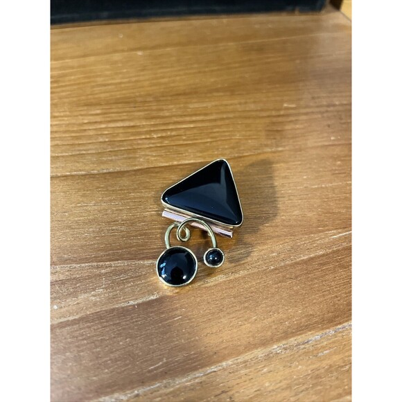 Vintage  Mid century Modern brooch pin Pendant Atomic Style gold tone Faux Onyx - Picture 4 of 7